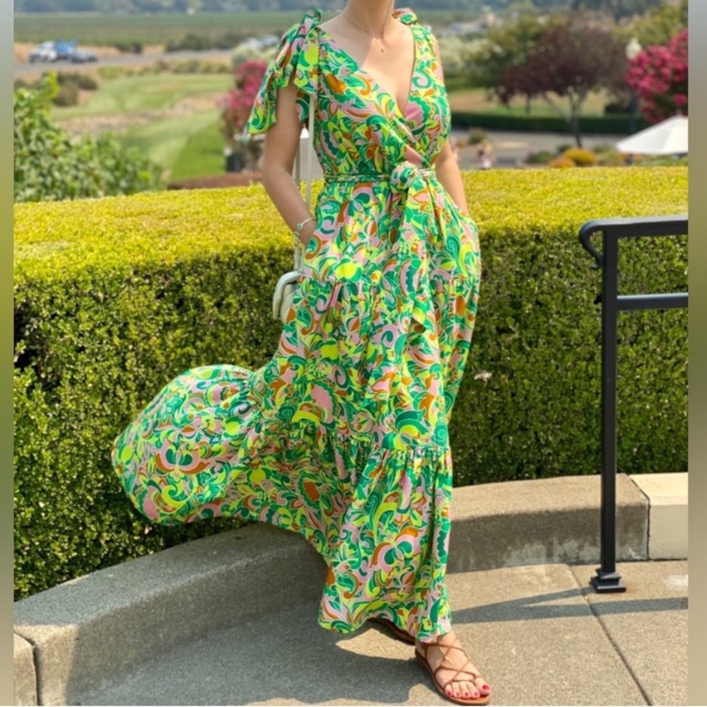 J. CREW Green Retro Floral 100% Silk Shoulder Tie Tiered V-neck Maxi Dress SZ S